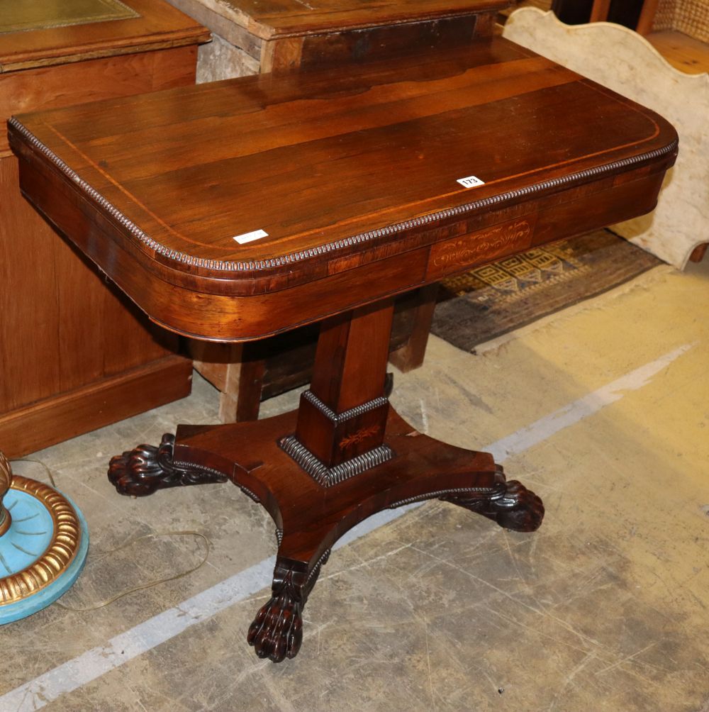 A Regency rosewood folding card table, W.90cm, D.44cm, H.73cm